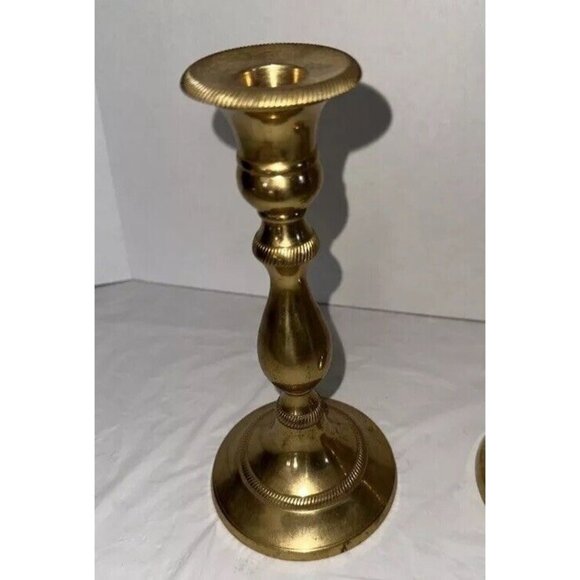 Brass Candle Stick Holders Set Heavy 8 “ Tall Round Base - Picture 1 of 11